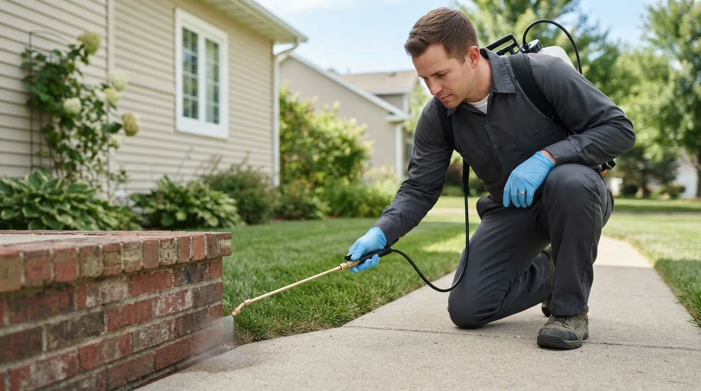 Pest control technician treating a home near Wheeling, IL